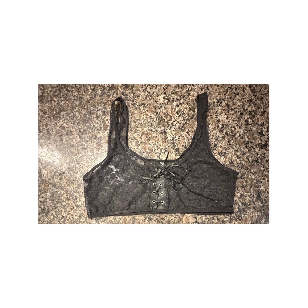 Womens Black Floral Lace Up Bralette Sheer Crop‎ Top Grommet Detail L